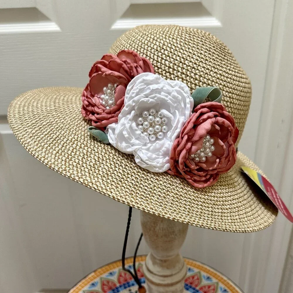 Elegant Women's Tweed Sun Hat With Satin Flowers And Pearls Wedding Tea Party